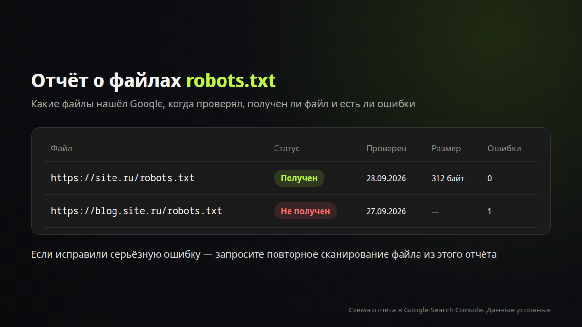 Отчёт о файлах robots.txt в Google Search Console